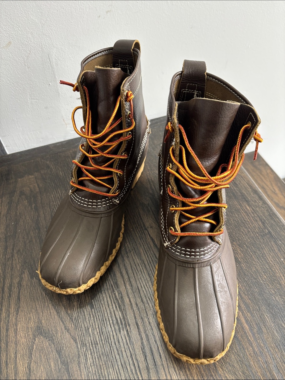 LL Bean boots,dark brown leather,lace up, 8” tall,size 8 men, size 9.5 women
